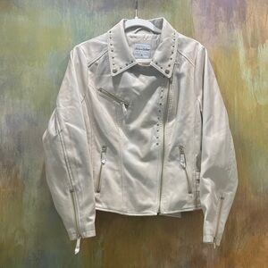 Chic Cream Leather Jacket with Studded Details